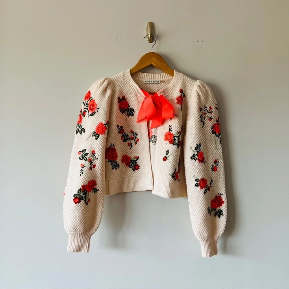 Alice + Olivia Kitty Floral Puff Sleeve Bow Tie Cardigan Sweater Size XS​